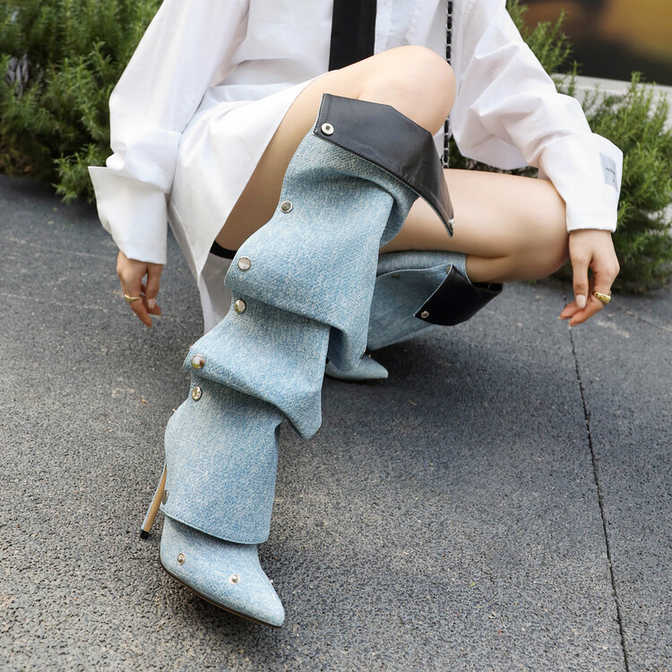 Fashion High Heel Pointed Toe High Shaft Boots with Metal Studs